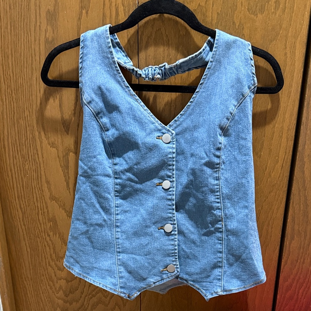 Blue Denim V-Neck Buttoned Tank Top